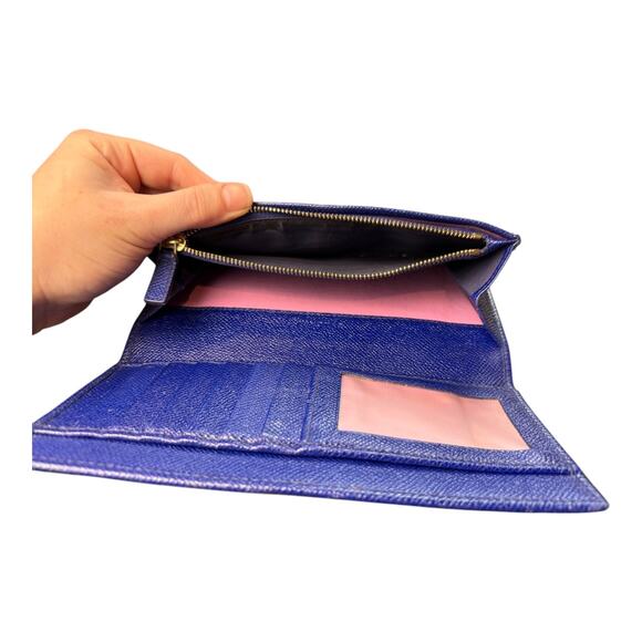BVLGARI Long Wallet Logo Clip Bi-Fold Royal Blue Leather Light Pink Lining - Picture 4 of 16